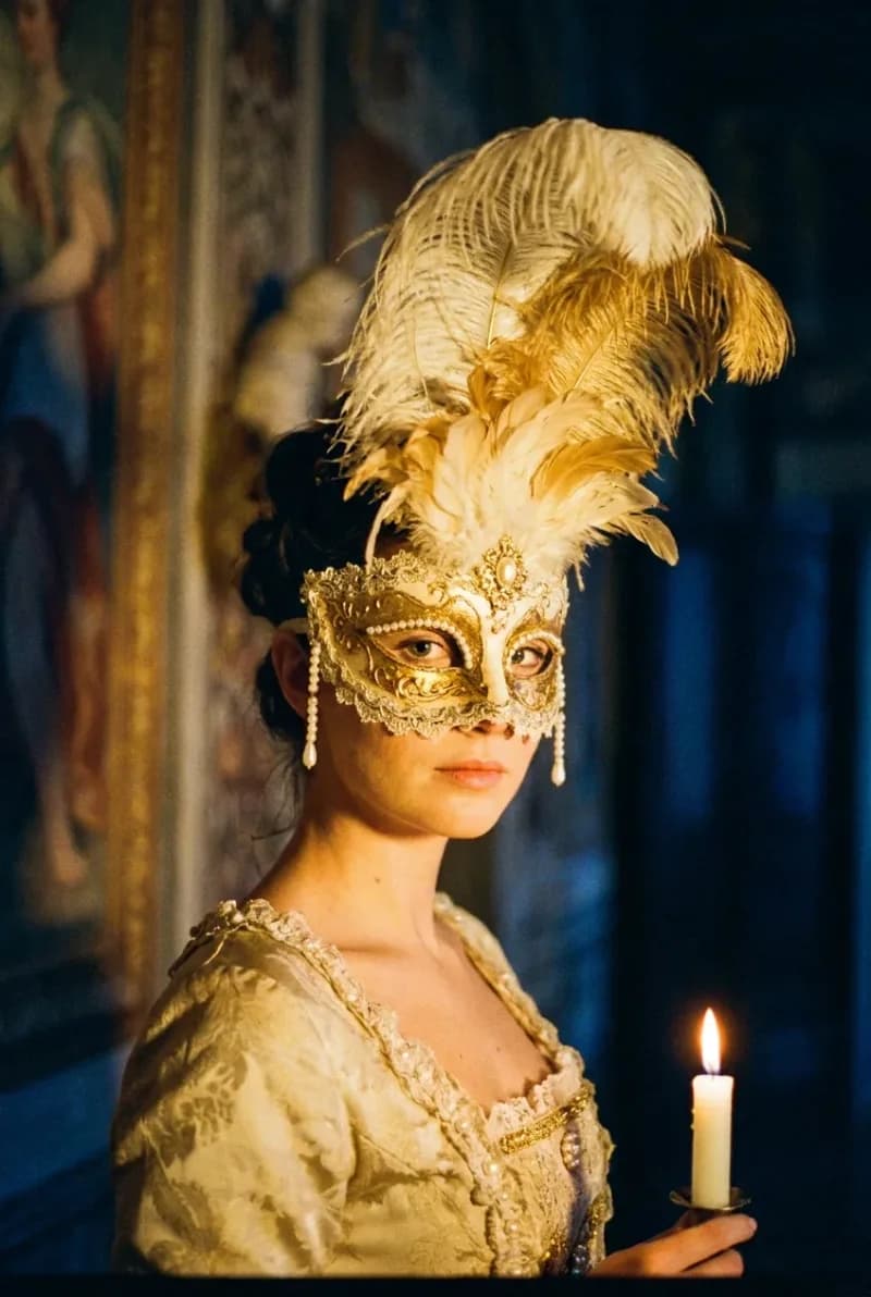 Cinematic photograph of a woman wearing an ornate gold and ivory Venetian carnival mask with a crown of feathers, candlelit palazzo interior behind her falling into deep blue shadow