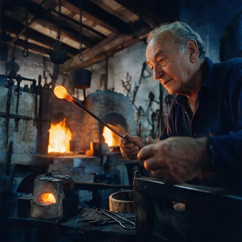 Seedream V5 Pro: Editorial portrait of an elderly Venetian glassblower in his Murano workshop, weathered face lit by the orange glow of the furnace, holding a blowpipe with a glowing bead of molten glass, deep blue shadows behind him, shallow depth of field, shot on medium format film, fine grain