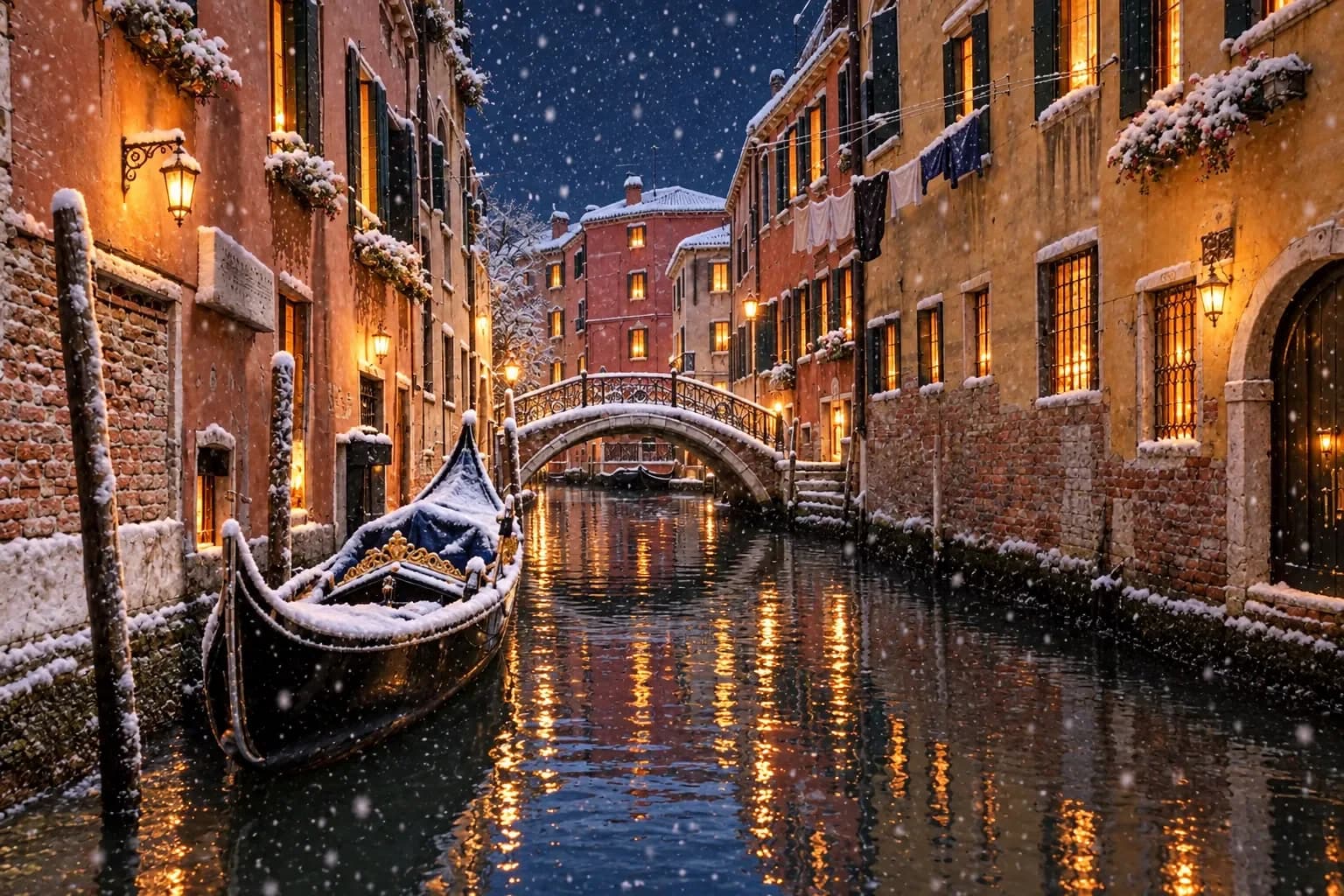 Edited: Make it a snowy winter night: fresh snow on the rooftops, the bridge and the gondola, warm lanterns glowing in every window, soft snowfall