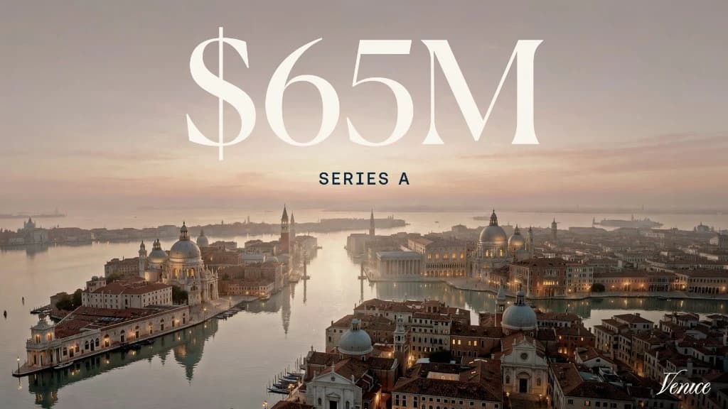 Venice $65 million Series A announcement over an aerial view of Venice at dawn